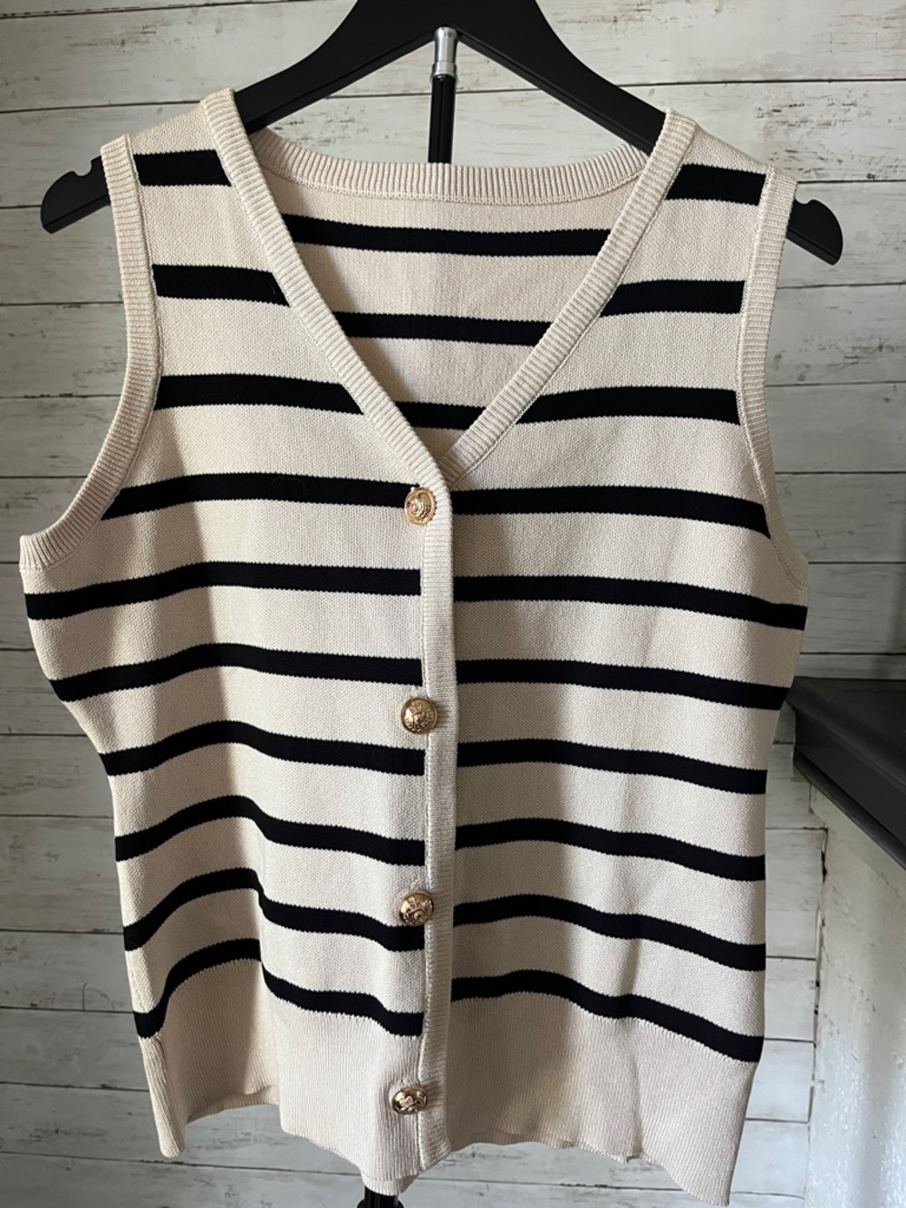 Sleeveless Striped V-Neck Button Front Knit Top - Cream & Black